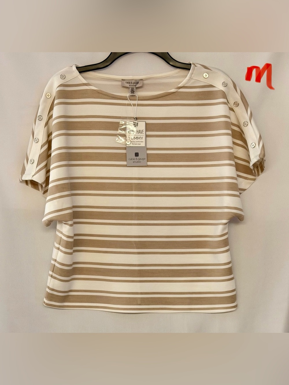 Cable & Gauge Cream and Brown Striped Button-Accent Sleeve Tee